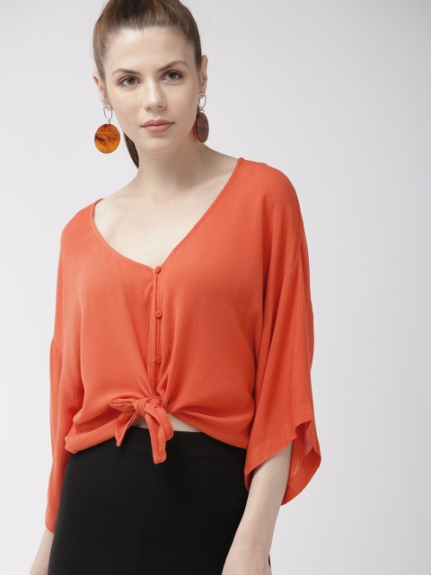 

FOREVER 21 Women Coral Orange Solid Boxy Top