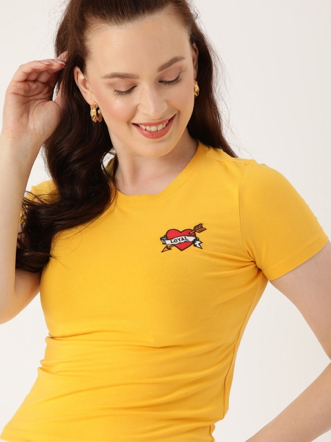 

FOREVER 21 Women Mustard Yellow Solid Round Neck T-shirt