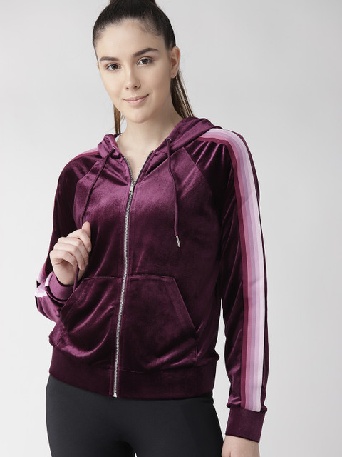 

FOREVER 21 Women Purple Solid Hooded Bomber Jacket