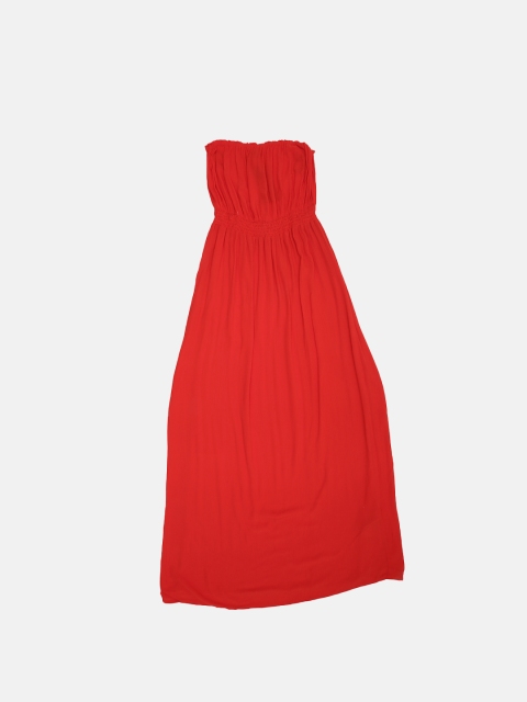 

FOREVER 21 Women Red Solid Smocked Gathered Fit and Flare Dress