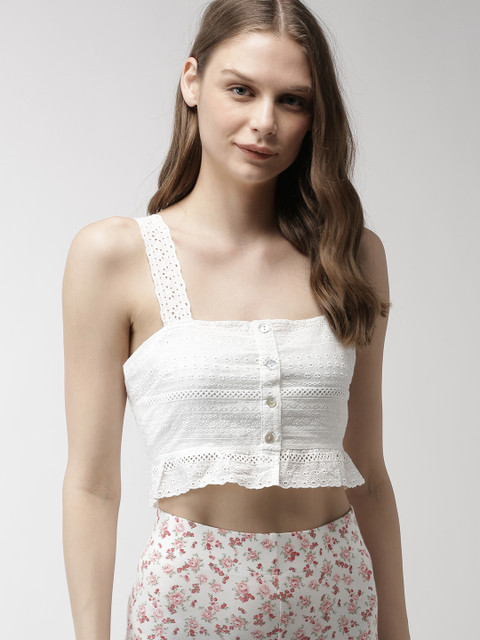 

FOREVER 21 Women White Self Design Peplum Pure Cotton Top