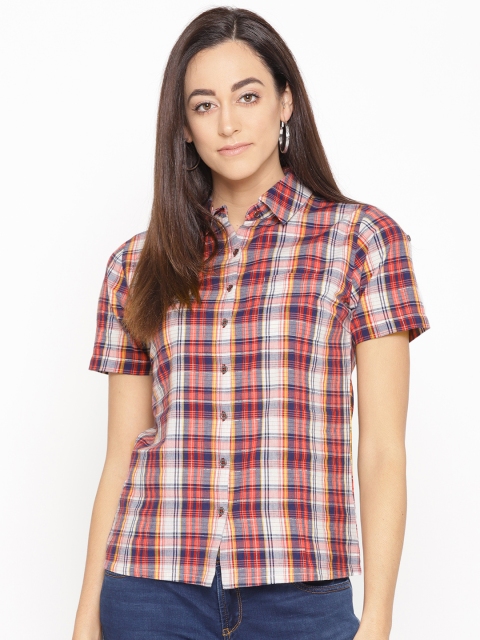

Porsorte Women Red & White Regular Fit Checked Casual Shirt