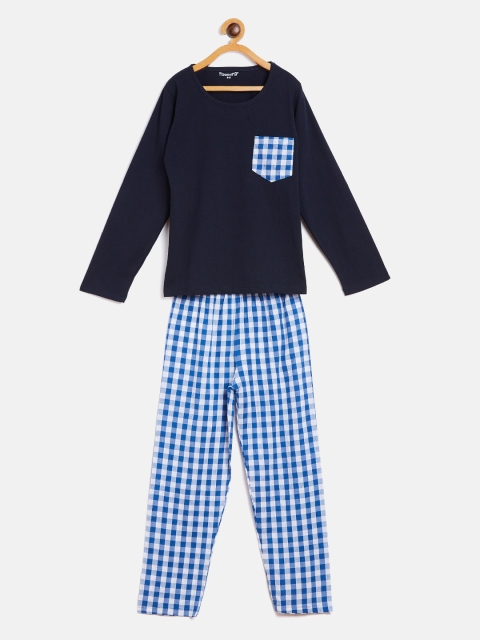 

FUNKRAFTS Kids Navy Blue & White Checked Night suit
