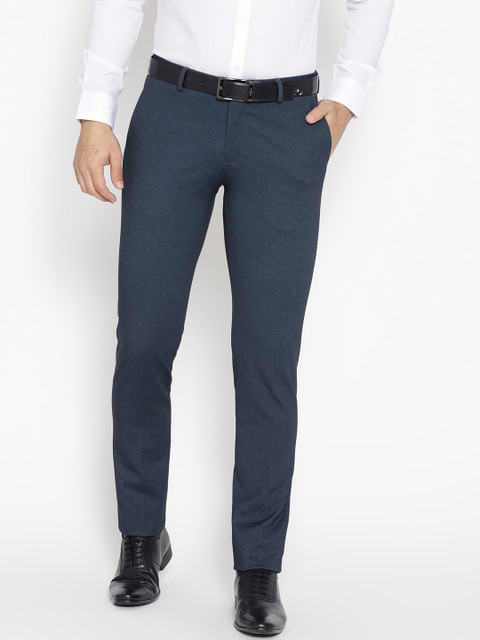 

Blackberrys Men Navy Sharp Fit Self Design Formal Trousers, Navy blue