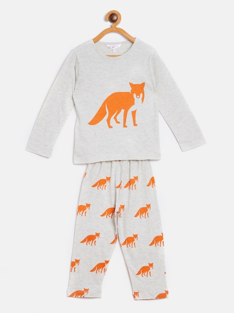 

FUNKRAFTS Kids Grey Melange & Orange Printed Night suit