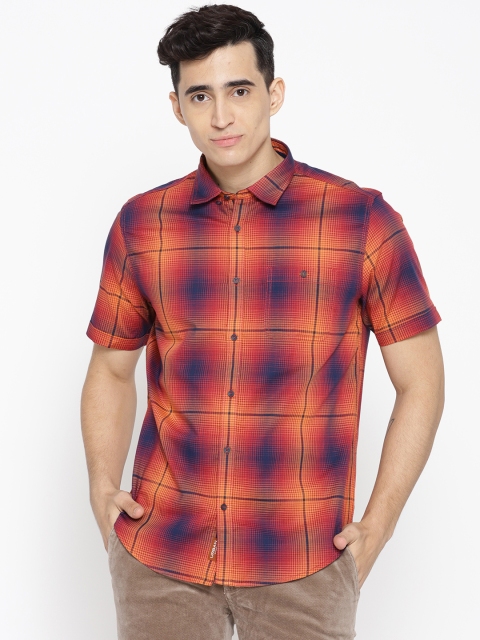 

Blackberrys Men Orange & Navy Blue Slim Fit Checked Casual Shirt, Coral