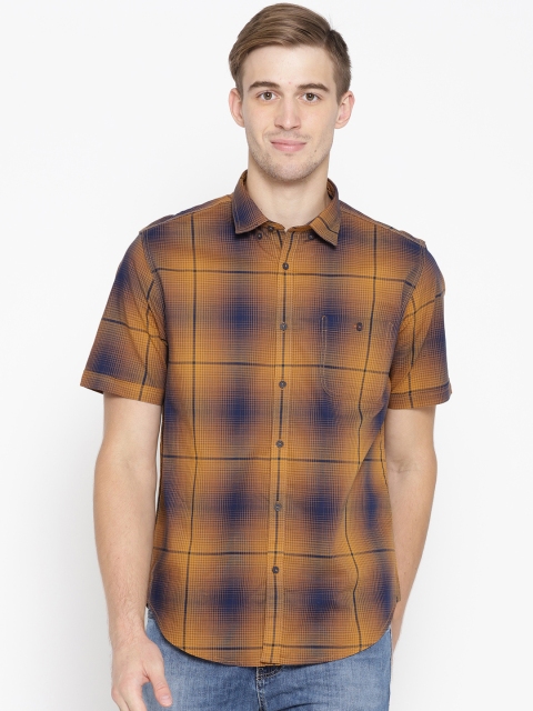 

Blackberrys Men Mustard Brown & Navy Blue Slim Fit Checked Casual Shirt