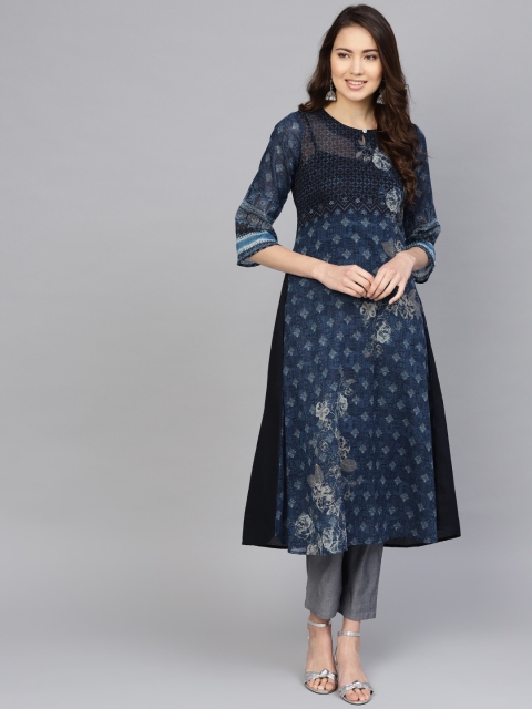 

PINKSKY Women Navy Blue & Charcoal Grey Printed Kurta with Trousers