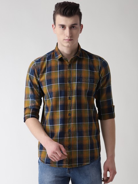 

Richlook Men Navy Blue & Olive Green Slim Fit Checked Casual Shirt