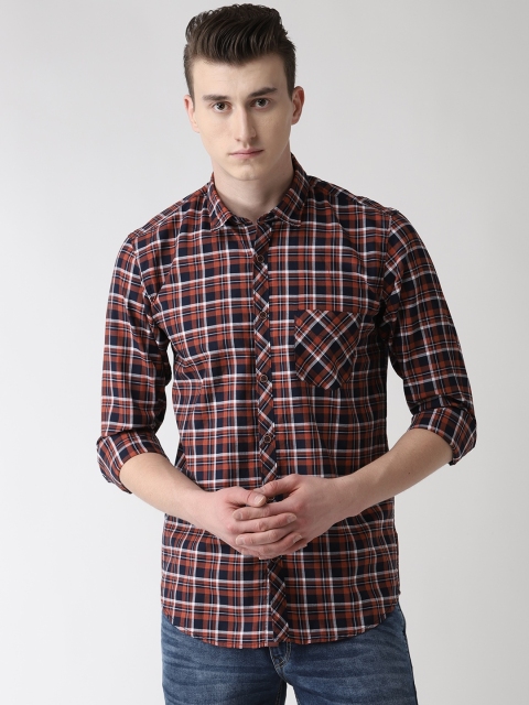 

Richlook Men Rust Orange & Navy Blue Slim Fit Checked Casual Shirt