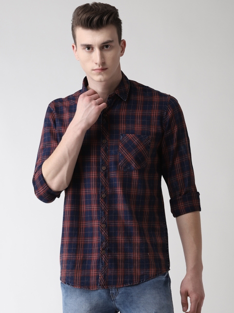 

Richlook Men Navy Blue & Rust Orange Slim Fit Checked Casual Shirt