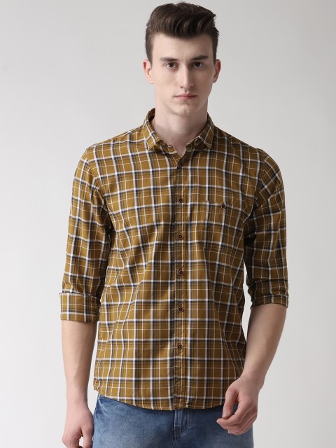 

Richlook Men Mustard Yellow & Navy Blue Slim Fit Checked Casual Shirt