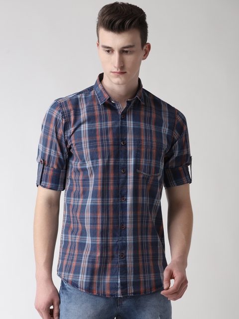 

Richlook Men Navy Blue & Orange Slim Fit Checked Casual Shirt