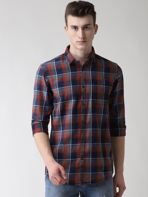 

Richlook Men Navy Blue & Rust Orange Slim Fit Checked Casual Shirt