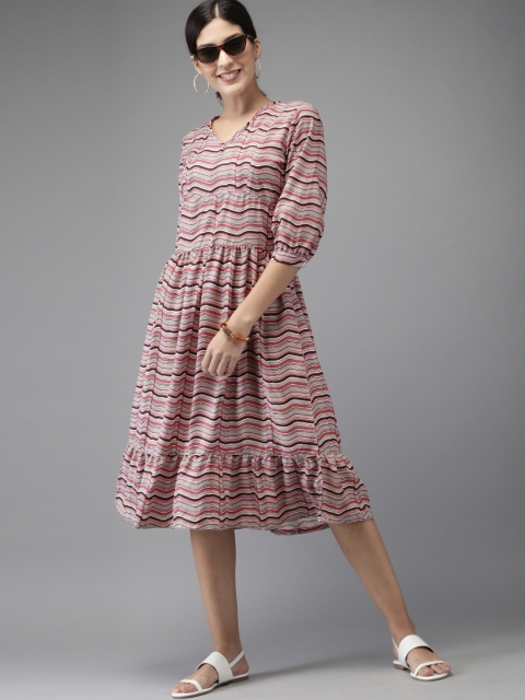 

HERE&NOW Women Printed White & Pink Fit and Flare Dress