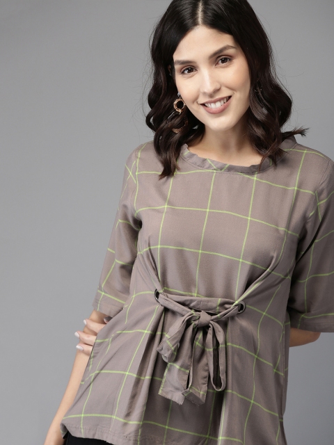 

HERE&NOW Women Brown Checked Cinched Waist Top