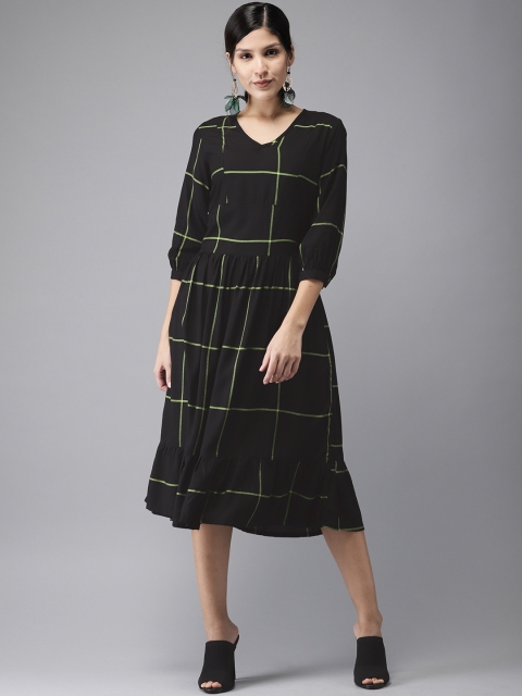 

HERE&NOW Women Checked Black & Green Fit and Flare Dress