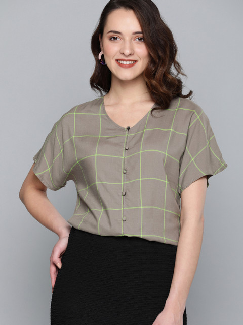

HERE&NOW Women Grey & Green Checked Top