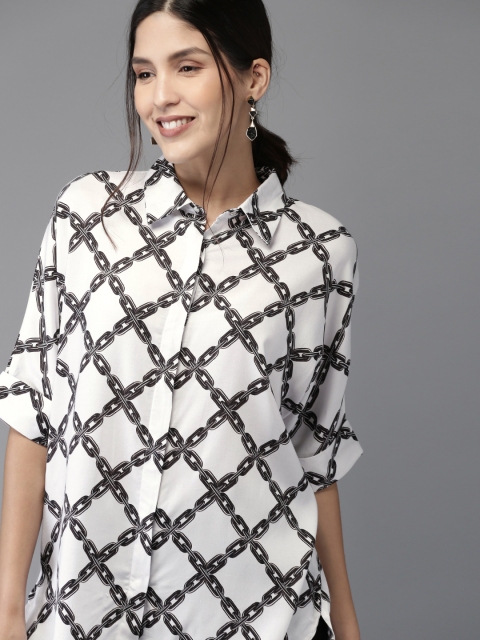 

HERE&NOW Women White & Black Boxy Printed Casual Shirt