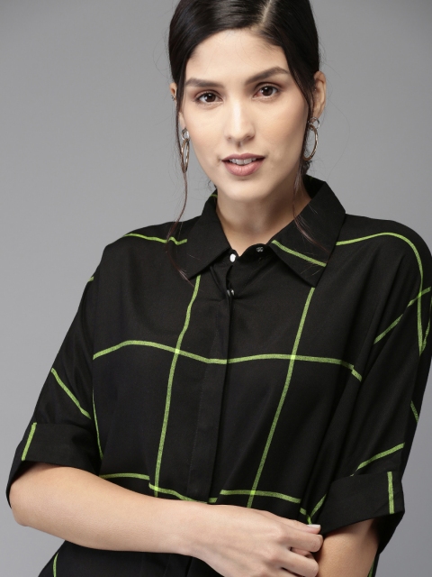 

HERE&NOW Women Black & Green Boxy Checked Casual Shirt