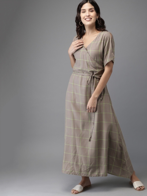 

HERE&NOW Women Checked Grey & Green Wrap Maxi Dress