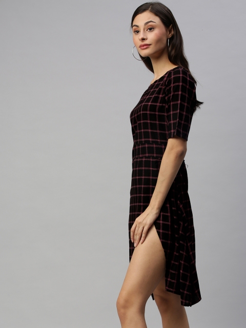 

HERE&NOW Women Black & Pink Checked Wrap Dress