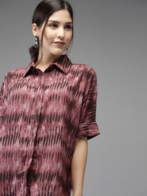 

HERE&NOW Women Mauve & Black Boxy Printed Casual Shirt