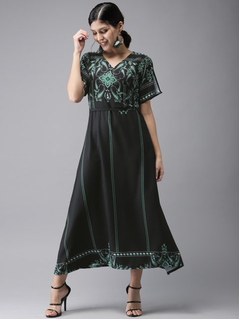 

HERE&NOW Women Printed Black & Teal Green A-Line Dress