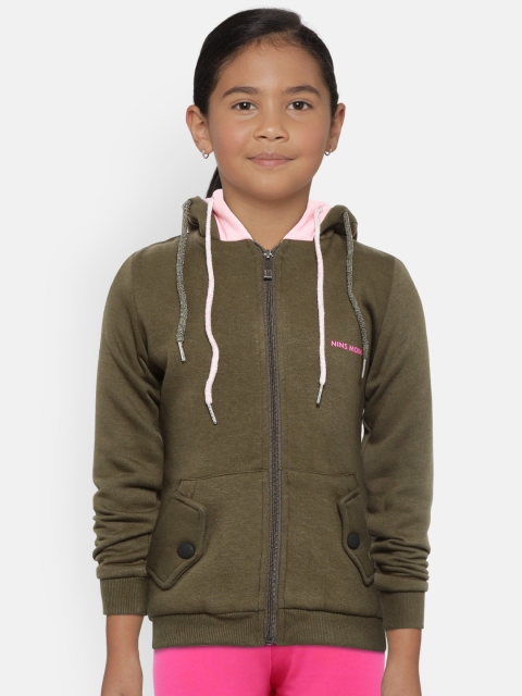 

Nins Moda Girls Olive Green Solid Hooded Sweatshirt