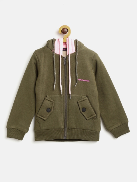 

Nins Moda Girls Olive Green Solid Hooded Sweatshirt
