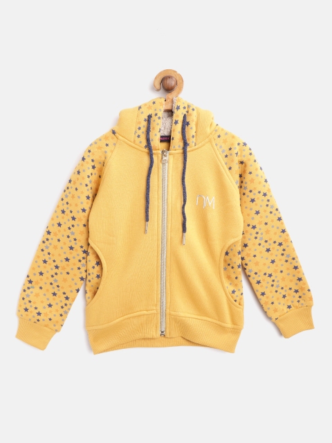 

Nins Moda Girls Mustard Yellow & Navy Blue Printed Hooded Sweatshirt