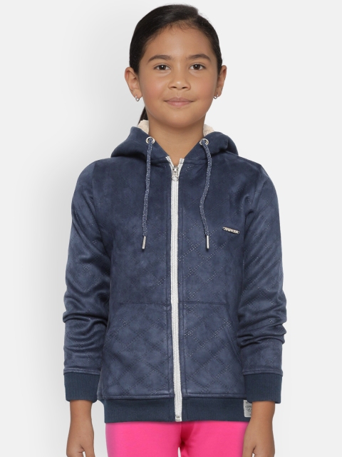 

Nins Moda Girls Navy Blue Self-Checked Hooded Sweatshirt