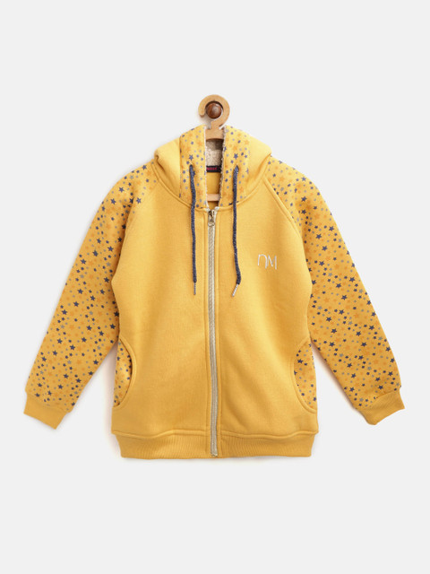 

Nins Moda Girls Mustard Yellow & Navy Blue Solid Hooded Front-Open Sweatshirt