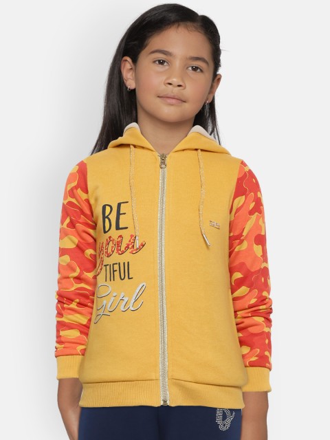 

Nins Moda Girls Mustard Yellow & Orange Printed Hooded Sweatshirt