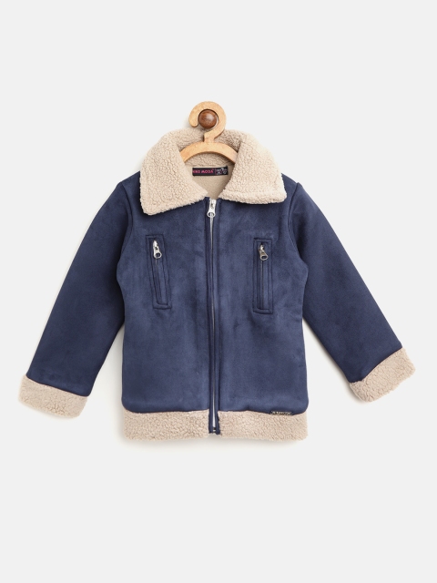 

Nins Moda Girls Navy Blue Solid Tailored Jacket with Faux Fur Detail