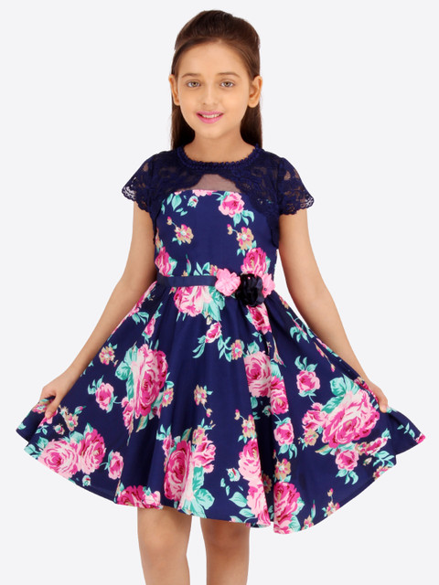 

CUTECUMBER Girls Navy Blue & Pink Floral Printed Fit and Flare Dress