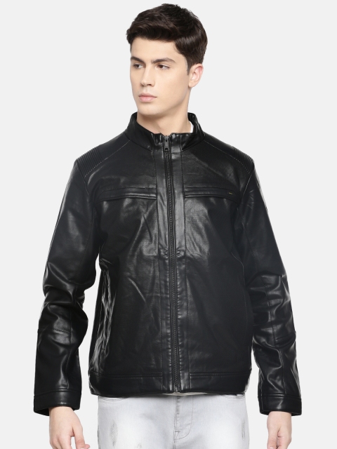 

SPYKAR Men Black Self Design Biker Jacket