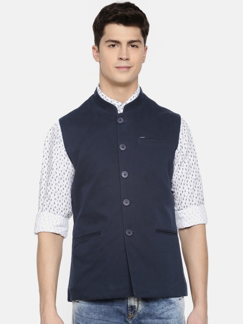 

SPYKAR Men Navy Blue Solid Pure Cotton Nehru Jacket