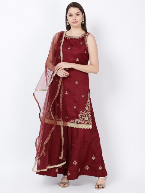

Soch Women Maroon & Gold-Coloured Embroidered Kurta with Skirt & Dupatta