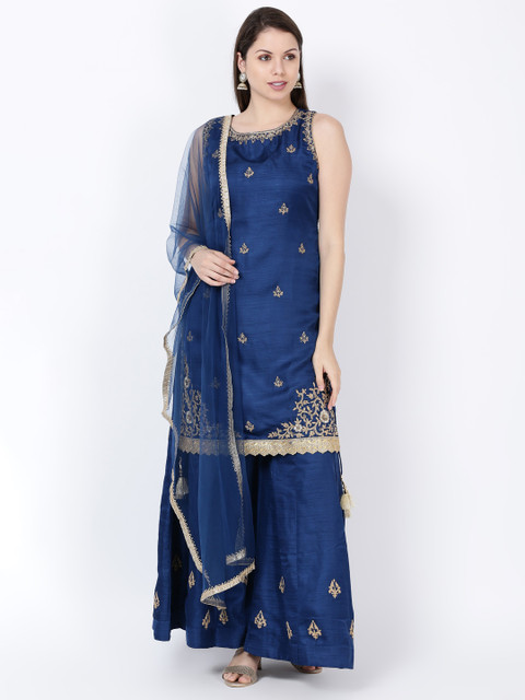 

Soch Women Blue & Gold-Coloured Embroidered Kurta with Skirt & Dupatta