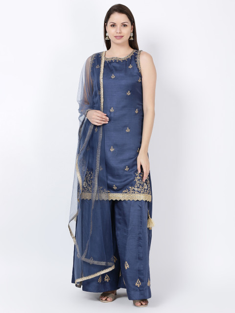 

Soch Women Blue & Gold-Coloured Embroidered Kurta with Skirt & Dupatta