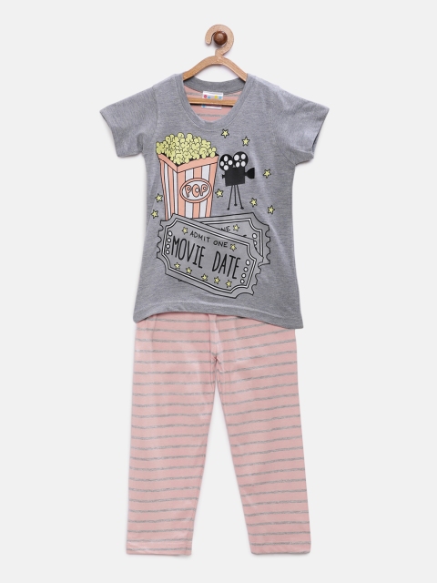 

Eimoie Girls Grey Melange Printed Night Suit