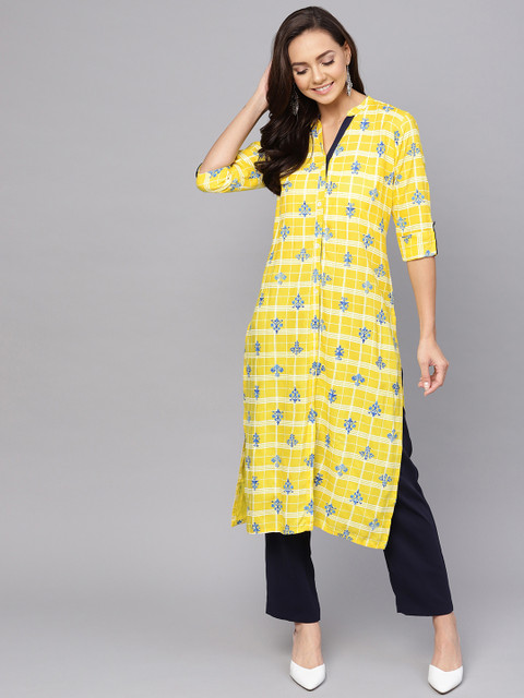 

Anubhutee Women Yellow & Blue Printed Straight Kurta