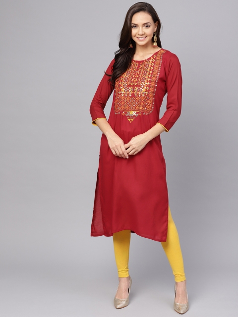 

Anubhutee Women Maroon Embroidered Yoke Design Straight Kurta