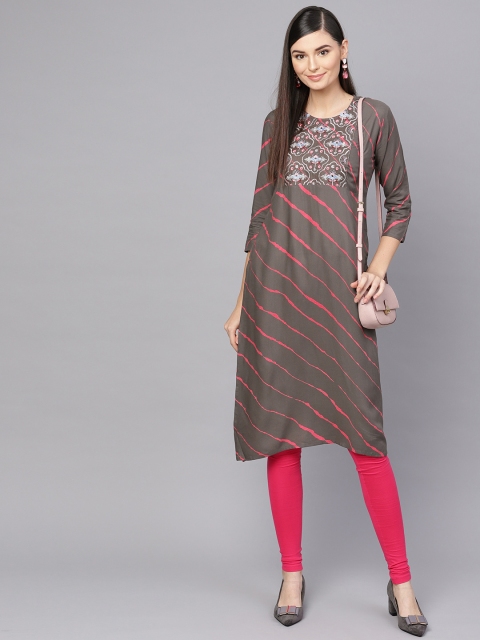 

Anubhutee Women Charcoal Grey & Pink Leheriya Print Straight Kurta