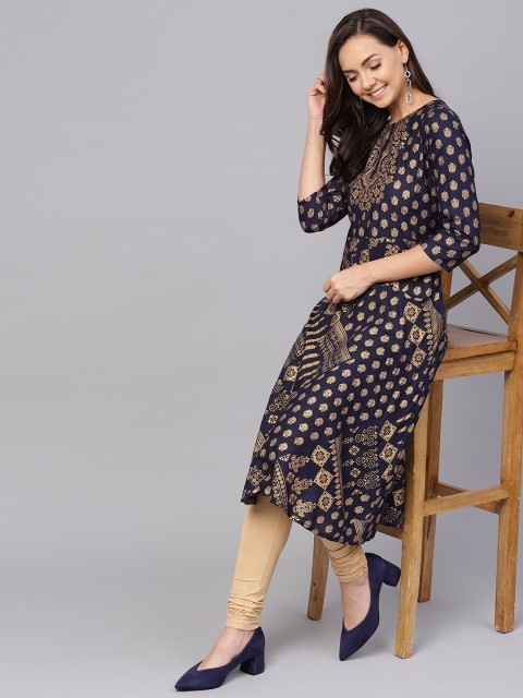 

Anubhutee Women Navy Blue & Golden Foil Print A-Line Kurta