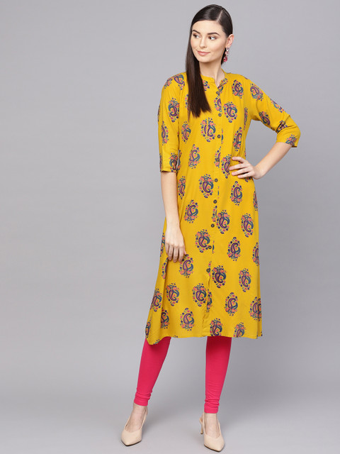 

Anubhutee Women Mustard Yellow & Purple Printed A-Line Kurta