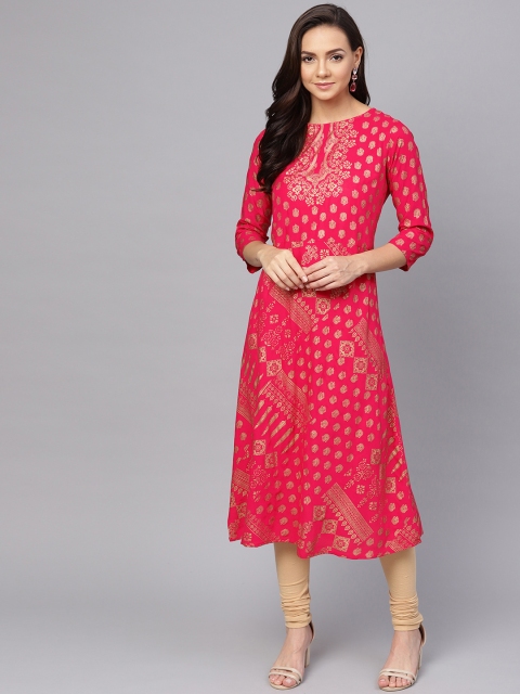 

Anubhutee Women Magenta & Golden Foil Print A-Line Kurta