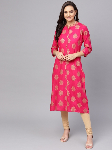 

Anubhutee Women Magenta & Golden Foil Printed Straight Kurta