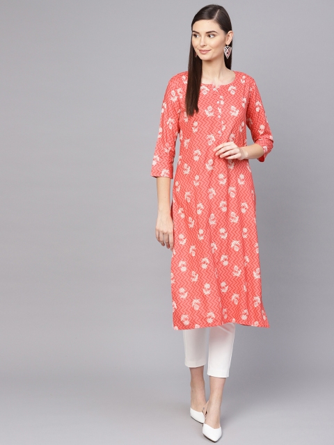 

Anubhutee Women Peach-Coloured & Off-White Printed Straight Kurta